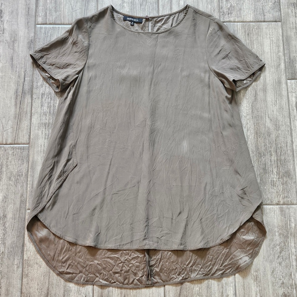 Lafayette 148 Blouse Womens 10 Brown Silk Short Sleeve High Low Tunic Top Office